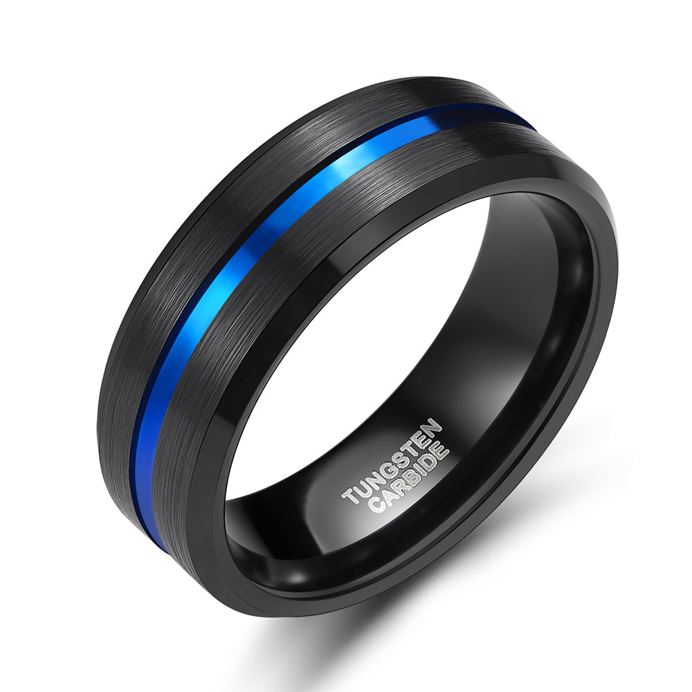 Carbon Black Blue Stripe Tungsten Ring
