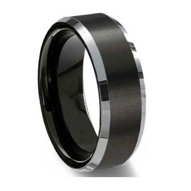 Polished Black and Silver Lined Tungsten Ring