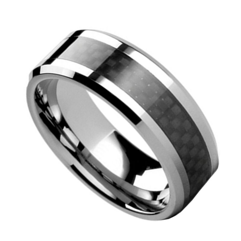Polished Black and Silver Lined with Inlay Tungsten Ring